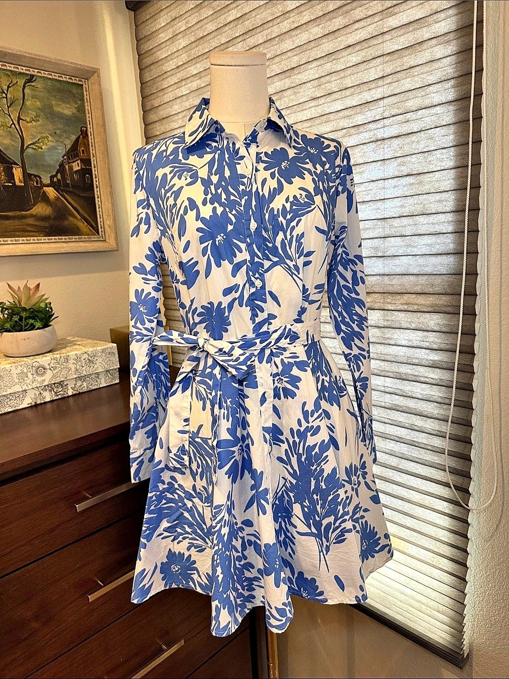 NWT A New Day Blue Floral Mini Shirt Dress. Size XS